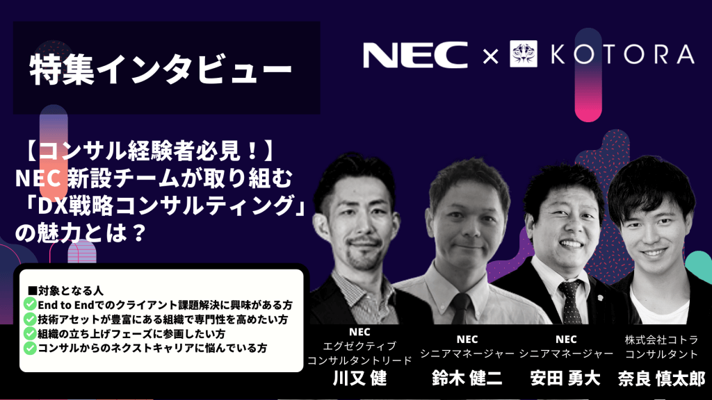 【コンサル経験者必見!】NEC 新設チームが取り組む「DX戦略コンサルティング」の魅力とは? Copy of ウェビナーサムネイルひな型 39 - 【コンサル経験者必見!】NEC 新設チームが取り組む「DX戦略コンサルティング」の魅力とは?