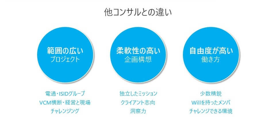 他コンサルとの違い（範囲の広いプロジェクト、柔軟性の高い企画構想、自由度が高い働き方）