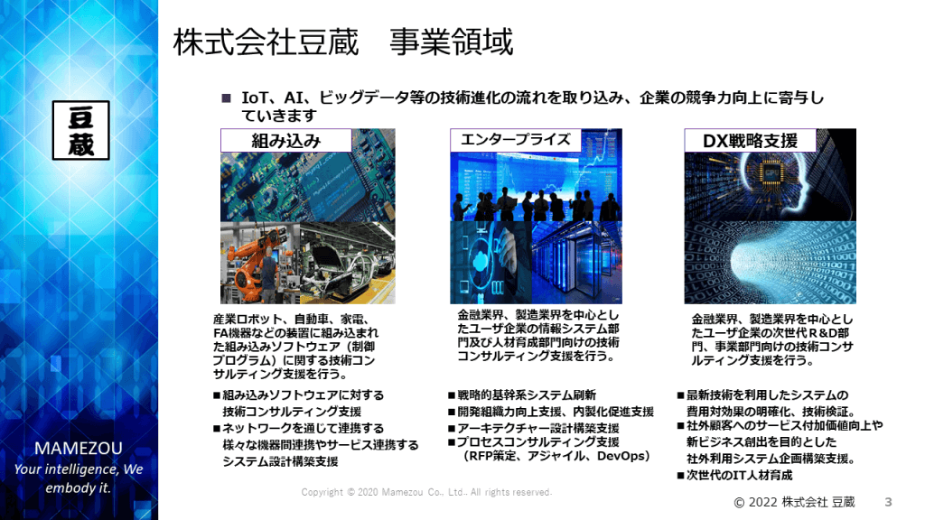 少数精鋭で密な連携を強みにビジネスから実装までを一気通貫で行うITコンサルティング企業【株式会社豆蔵】 豆蔵会社紹介DX戦10月版 3 - 少数精鋭で密な連携を強みにビジネスから実装までを一気通貫で行うITコンサルティング企業【株式会社豆蔵】